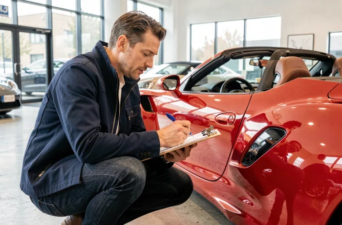 Journaliste automobile masculin prenant des notes devant une voiture de sport rouge dans un showroom contemporain