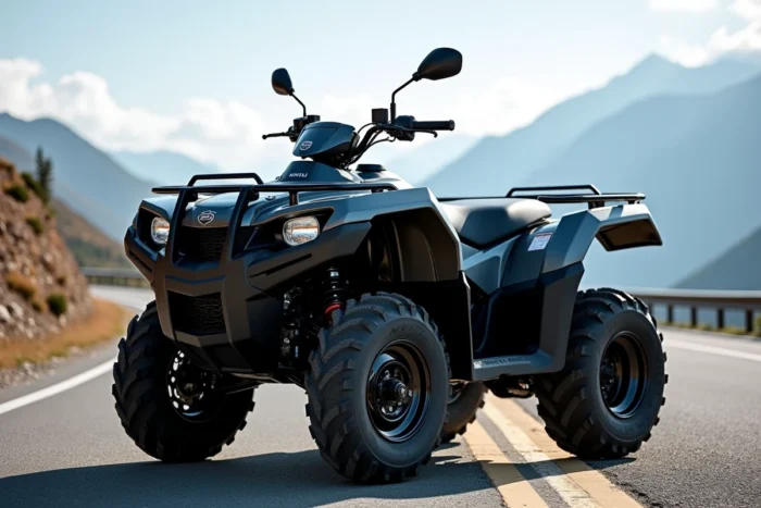 Kymco MXU 700i EPS gris métallisé sur une route goudronnée en région montagneuse