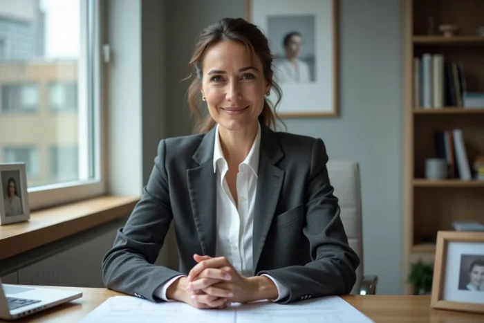 Femme professionnelle dans la quarantaine assise à son bureau à domicile, représentant le parcours personnel et professionnel de Laurène Godey