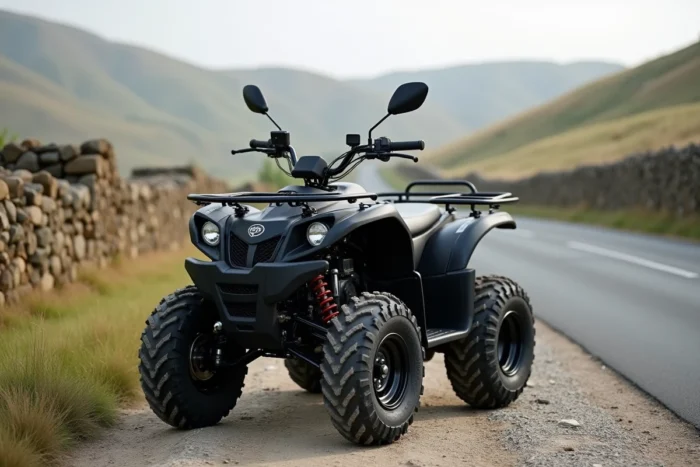 Linhai LH 400 ATV noir mat garé sur un chemin de gravier en bordure d'une route de campagne vallonnée