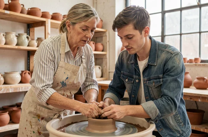 Femme d'âge mûr guidant un jeune homme sur un tour de poterie dans un atelier de céramique lumineux