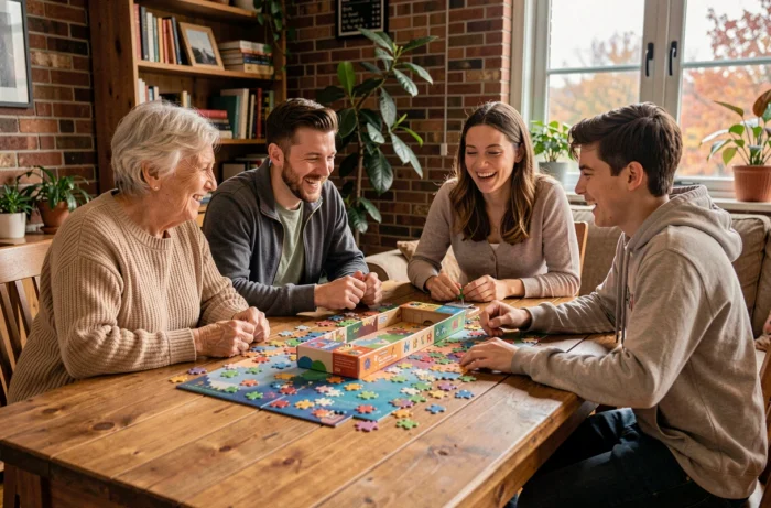 Famille multigénérationnelle jouant à des jeux de société autour d'une table en bois dans un salon chaleureux en automne