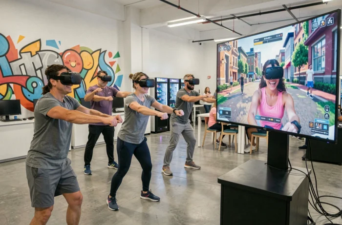 Groupe d'adultes participant à une session de réalité virtuelle dans un centre de loisirs urbain moderne
