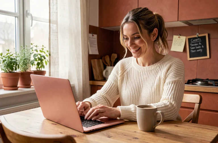 Maman souriante consultant le blog Maman au Quotidien sur son ordinateur portable dans une cuisine chaleureuse