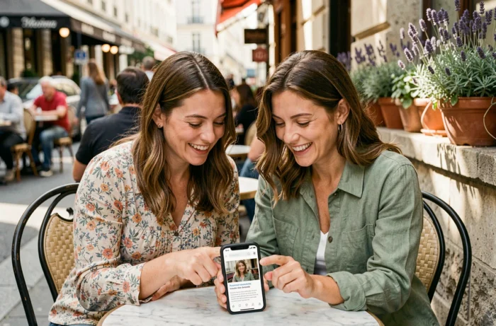 Deux mamans découvrant ensemble des articles du blog Maman au Quotidien sur un smartphone en terrasse de café