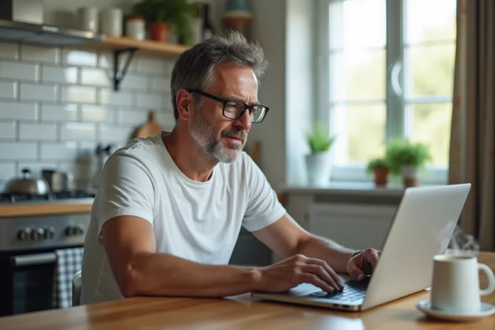 Homme utilisant un ordinateur portable pour regarder des épisodes en avance de Plus belle la vie sur Mamcin