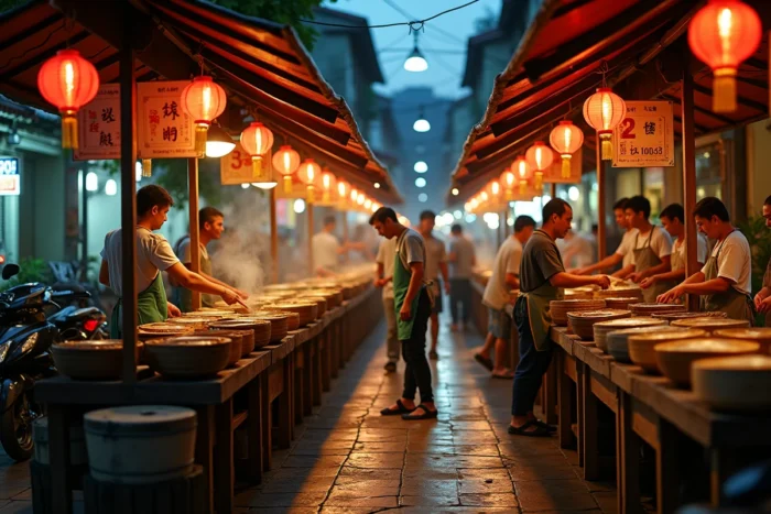 Marché de rue animé en Asie avec des vendeurs de nourriture traditionnelle et des lanternes rouges au crépuscule