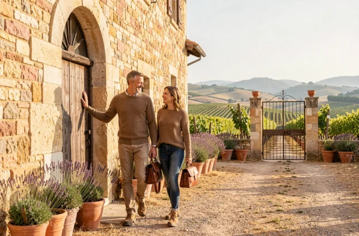 Couple arrivant dans un mas en pierre restauré en Provence, séjour unique et authentique avec Hôte Antic Travel