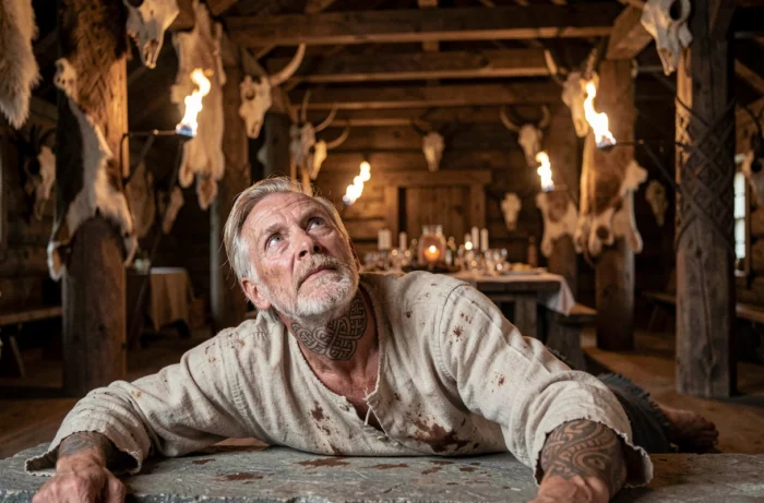 Vieux guerrier viking tatoué allongé sur une dalle de pierre dans une grande salle nordique en bois, regard vide dirigé vers le plafond, représentant la mort de Ragnar Lothbrok