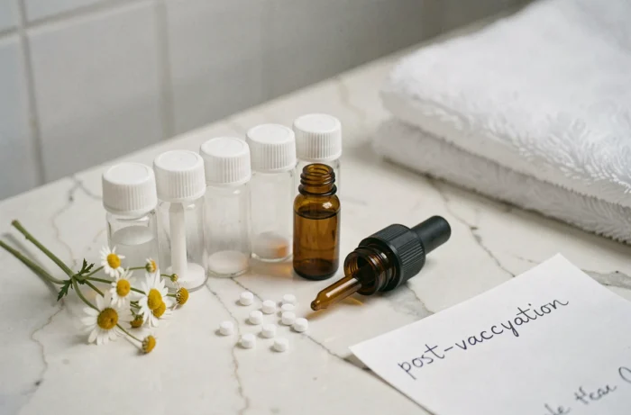 Nature morte de remèdes homéopathiques et isothérapiques sur marbre blanc, avec note post-vaccination, pour illustrer les soins alternatifs après le vaccin Covid