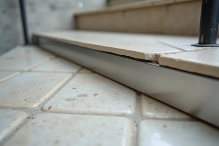Gros plan sur un nez de marche en inox installé entre un carrelage effet pierre et une contremarche blanche dans un loft rénové