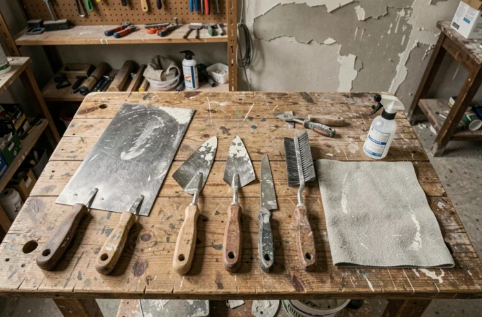 Outils professionnels pour retirer l'enduit sec d'un mur posés sur un établi en bois dans un atelier de bricolage