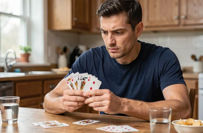 Joueur adulte tenant ses cartes en main lors d'une partie de 8 américain autour d'une table en bois