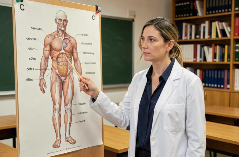Professeure d'anatomie pointant les parties du corps humain commençant par C sur une affiche médicale en salle de cours