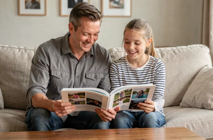 Père et fille feuilletant ensemble un livre photo de famille sur un canapé du salon