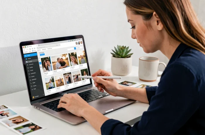 Femme personnalisant un livre photo en ligne sur un ordinateur portable dans un bureau à domicile