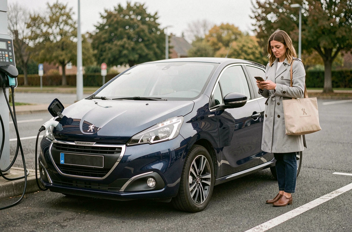 Peugeot 208 électrique bleue en charge dans un parking suburban avec une femme consultant son téléphone