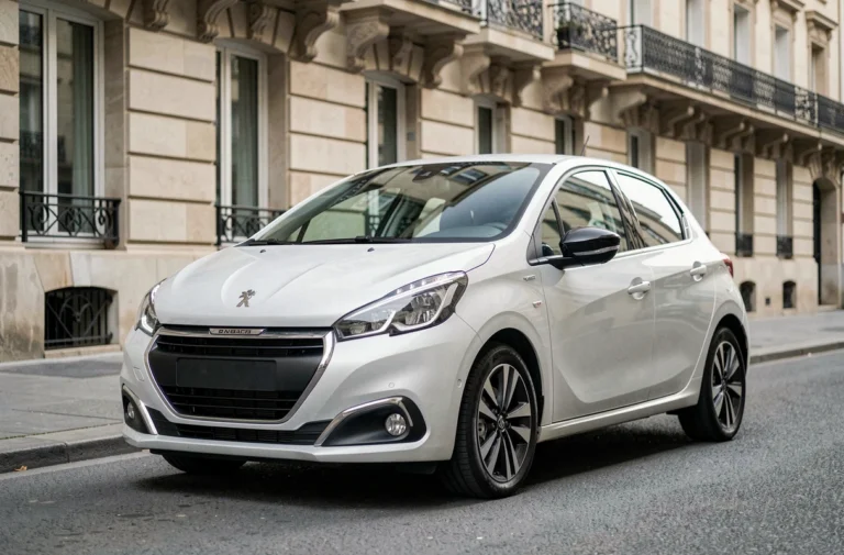 Peugeot 208 blanche garée dans une rue parisienne, vue trois quarts avant sur fond d'immeuble haussmannien