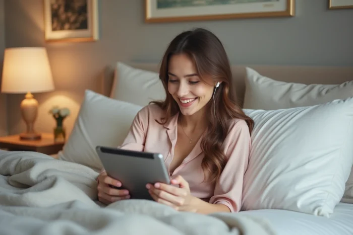 Jeune femme regardant Plus belle la vie en avance sur une tablette depuis son lit grâce à Mamcin