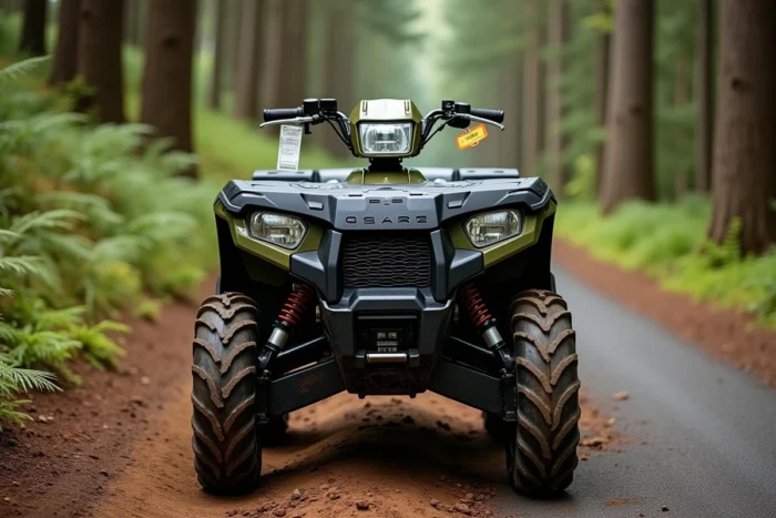 Polaris Sportsman 570 EPS vert olive garé sur un sentier forestier débouchant sur une route goudronnée