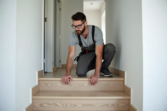 Artisan posant un revêtement en vinyle sur les marches d'un escalier moderne dans une maison contemporaine