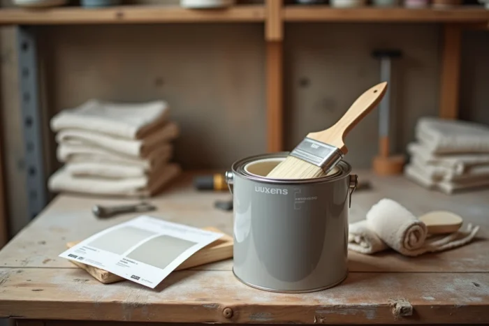 Pot de peinture Luxens ouvert avec pinceau et nuancier de couleurs sur un établi en bois