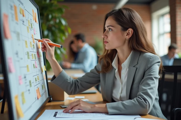Une professionnelle dessine un sitemap sur un tableau blanc dans un bureau moderne pour optimiser la visibilité d'un site web