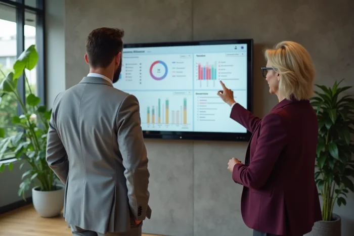Deux professionnels de PME analysant des tableaux de bord d'une solution de croissance B2B sur un écran interactif