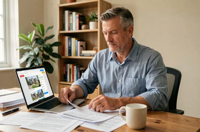 Propriétaire loueur consultant la plateforme 123loger sur son ordinateur portable dans un bureau à domicile