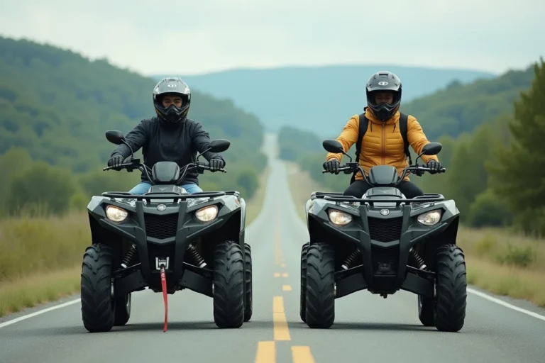 Deux pilotes adultes en équipement complet sur des quads homologués route sur une route rurale pavée