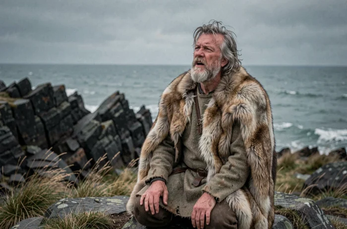 Guerrier viking vieillissant agenouillé sur une côte rocheuse scandinave, regard perdu vers l'horizon, murmure ses derniers mots dans le vent au crépuscule
