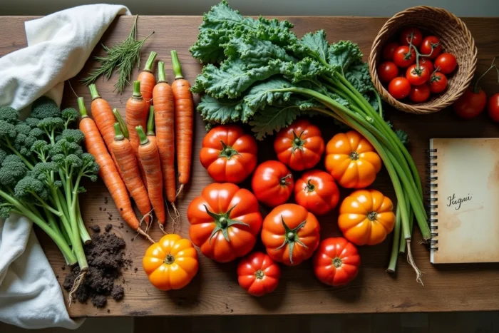 Vue aérienne de légumes bio fraîchement récoltés sur une table en bois brut avec tomates anciennes, carottes et chou kale