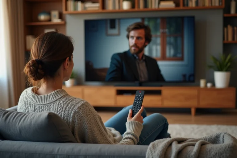 Femme regardant Plus belle la vie en avance sur sa télévision dans un salon confortable