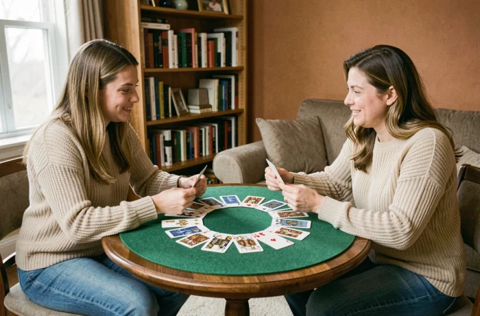 Deux femmes jouant au 8 américain sur une table recouverte de feutre vert dans un salon cosy