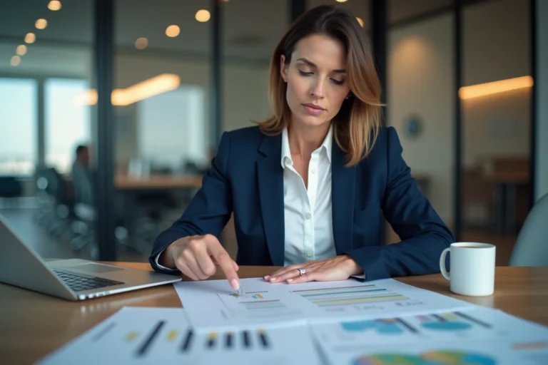 Responsable commerciale analysant un entonnoir de conversion lors d'une réunion d'équipe en salle de conférence moderne