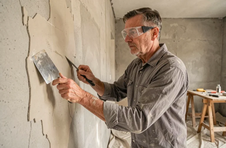 Un homme en train de gratter de l'enduit sec sur un mur intérieur avec une spatule métallique lors de travaux de rénovation