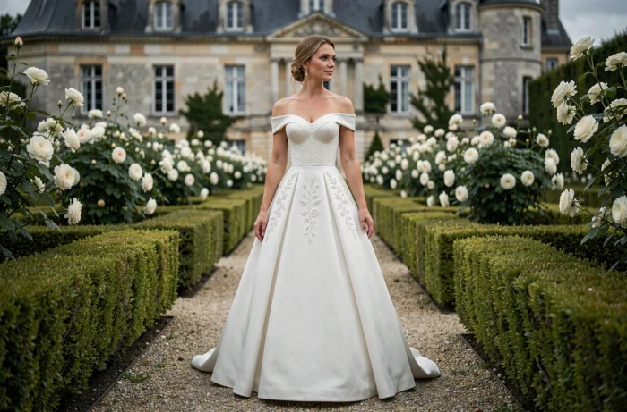 Femme en robe de mariée bustier brodée dans le jardin d'un château français entouré de rosiers blancs et de buis taillés