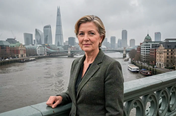 Une professionnelle britannique sur le London Bridge avec la skyline de la City de Londres en arrière-plan