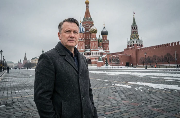 Un professionnel russe sur la Place Rouge à Moscou avec la cathédrale Saint-Basile, symbole de l'économie russe