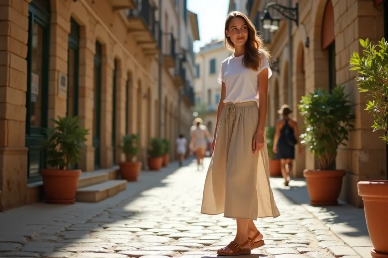 Jeune femme portant des sandales à semelle liège style Birkenstock dans une rue pavée européenne, look linen beige et blanc tendance été