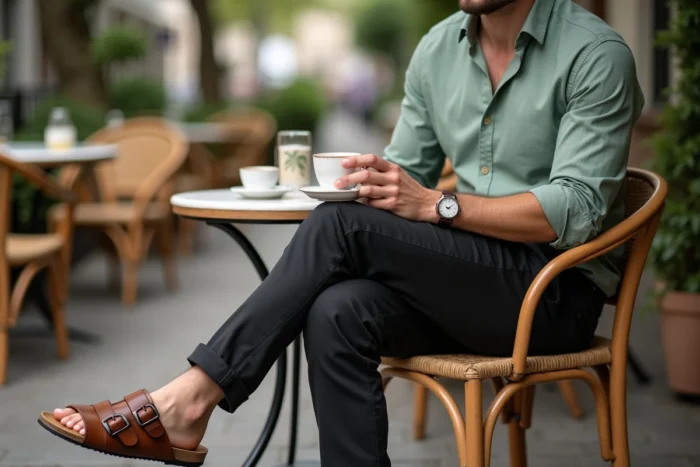 Homme en sandales doubles brides cuir style confort assis en terrasse de café parisien, tenue décontractée chic lin kaki