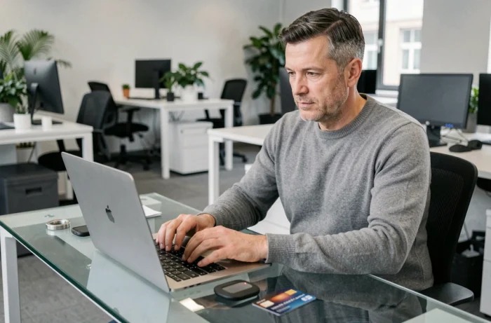 Homme sécurisant ses paiements en ligne avec un token physique et un ordinateur portable dans un espace de co-working
