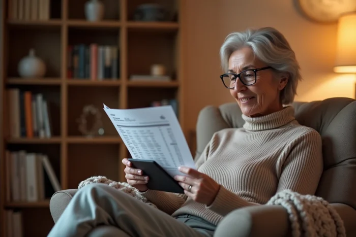 Femme senior assise dans un fauteuil consultant le catalogue Damart sur tablette avec un guide des tailles posé sur ses genoux
