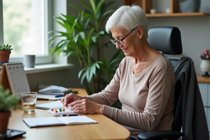 Une femme âgée organise ses médicaments hebdomadaires à son bureau, représentant la gestion quotidienne de la santé des seniors