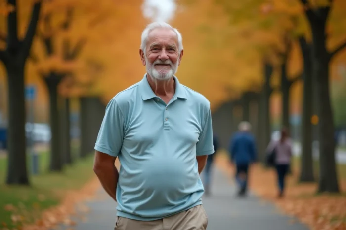 Un homme âgé se promène sereinement dans un parc en automne, illustrant l'activité physique quotidienne pour les seniors