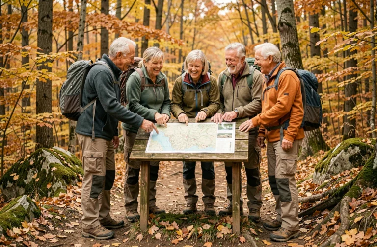 Groupe de seniors célibataires réunis autour d'un panneau de randonnée en forêt automnale, partageant un moment de complicité et de découverte nature