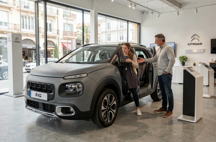 Visiteurs découvrant la nouvelle Citroën C3 Aircross dans un showroom moderne à Nice sur la Côte d'Azur