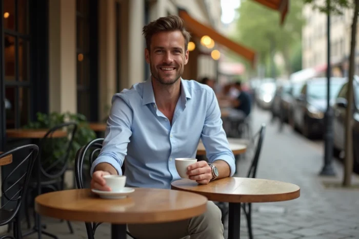 Homme en tenue décontractée chic dans un café français évoquant le style vestimentaire des acteurs de Demain nous appartient