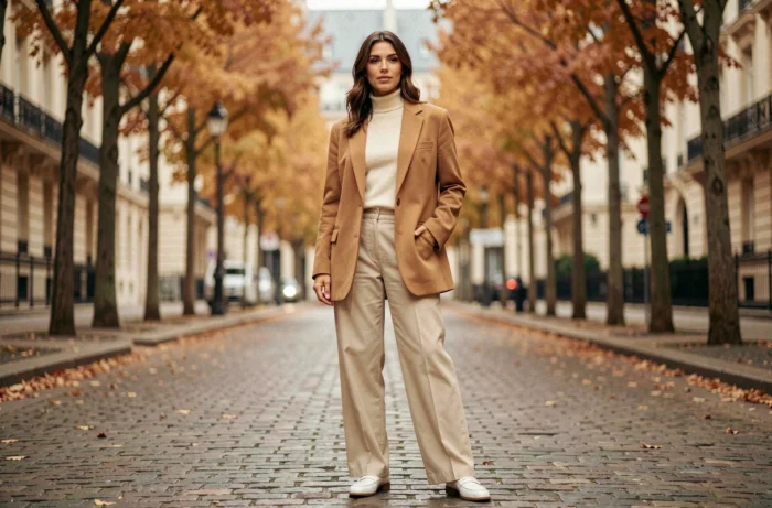 Femme élégante portant un blazer camel oversize et un pantalon large écru dans une rue pavée parisienne en automne, tendances mode 2024