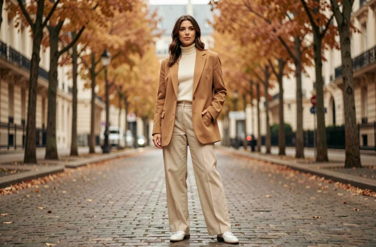 Femme élégante portant un blazer camel oversize et un pantalon large écru dans une rue pavée parisienne en automne, tendances mode 2024